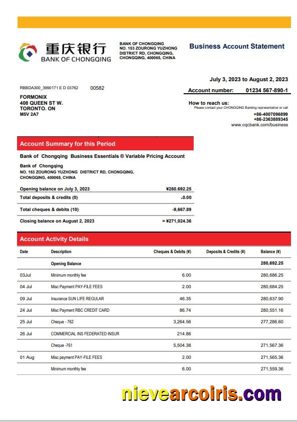 Bank of Chongqing enterprise statement